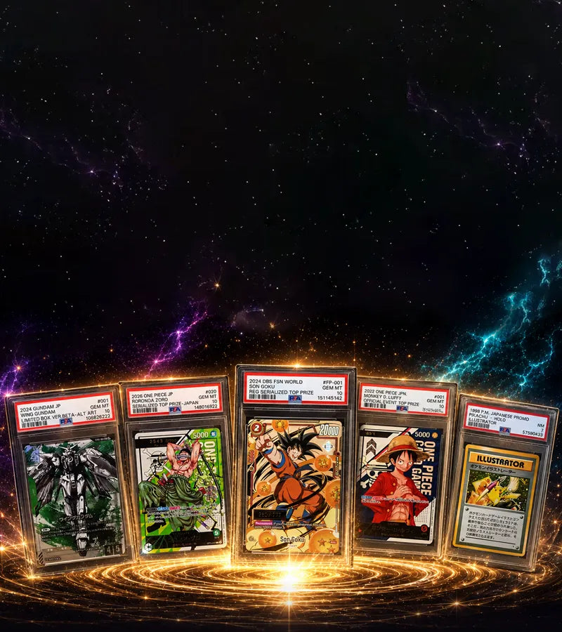 Collection of trading cards with PSA 10 grading on a dark background with glowing effects