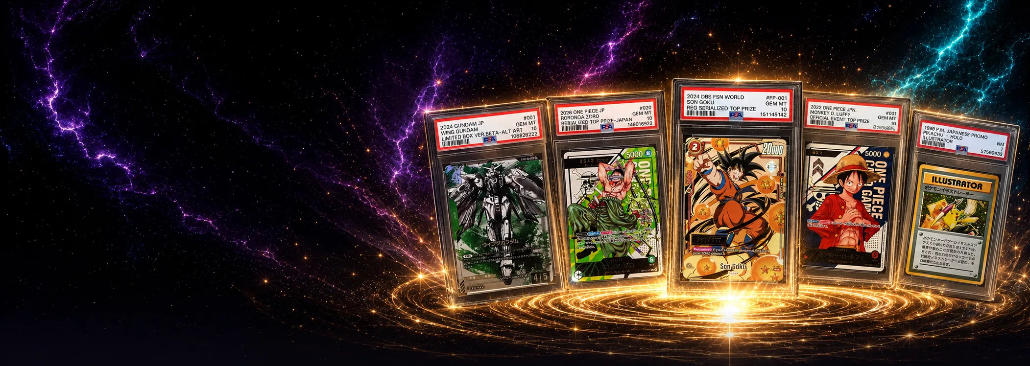 Collection of trading cards with PSA 10 grading on a dark background with glowing effects