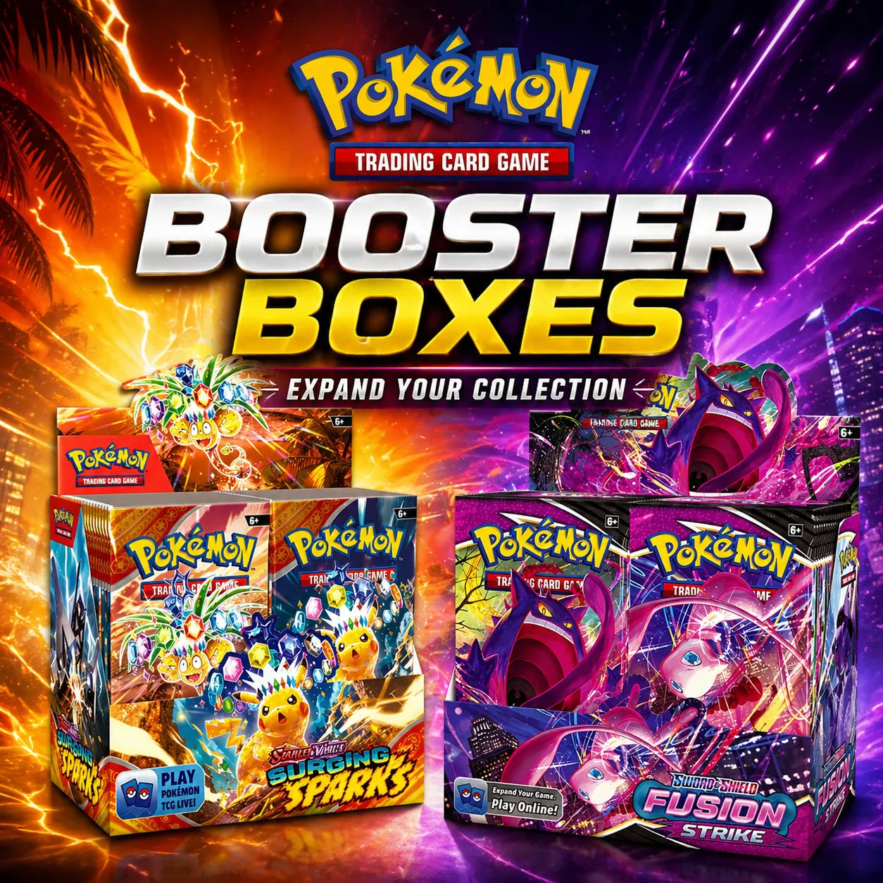 Pokémon Trading Card Game booster boxes on colour background