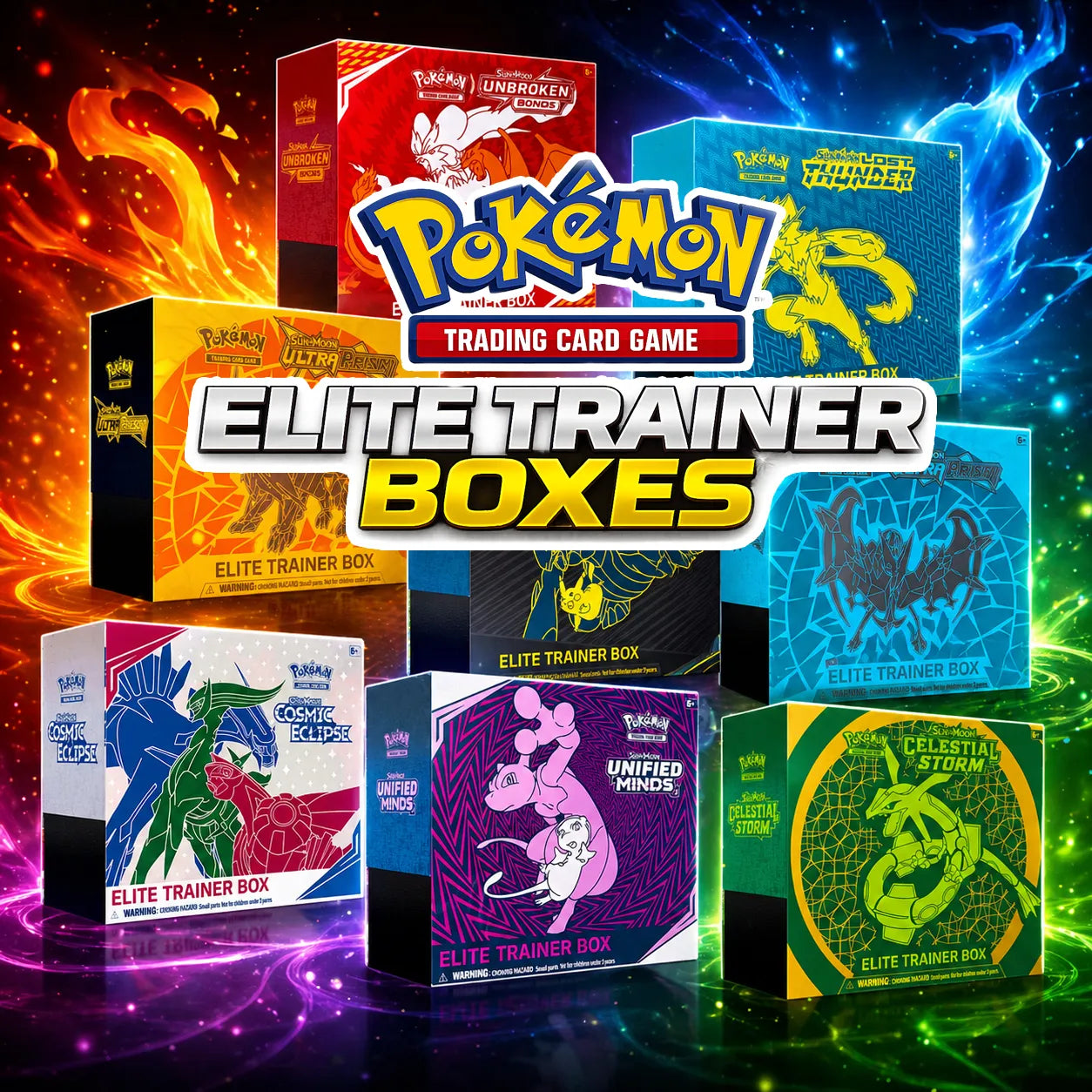 Pokémon Trading Card Game Elite Trainer Boxes on a colorful background